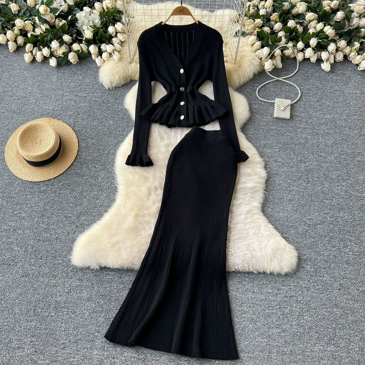 Knitted Elegant Set with Midi Skirt