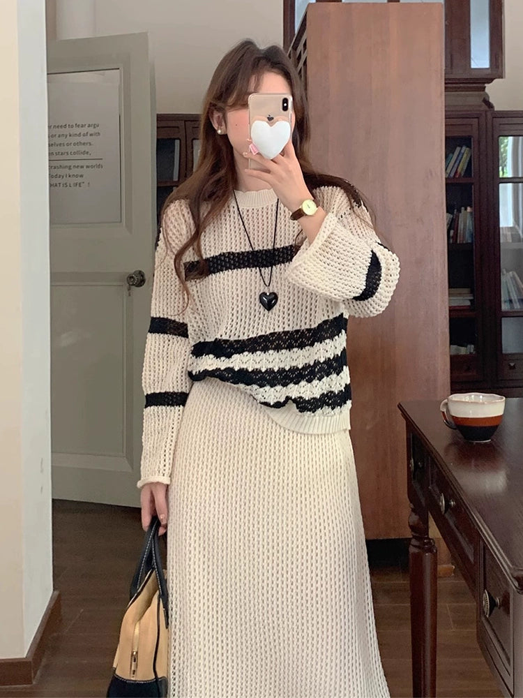 nitted Set with Long Skirt – Beige with Black Stripes