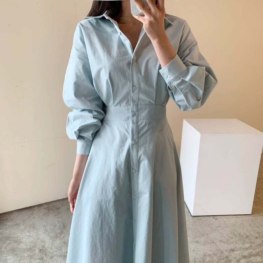 Blue Midi Shirt Dress with Long Sleeves