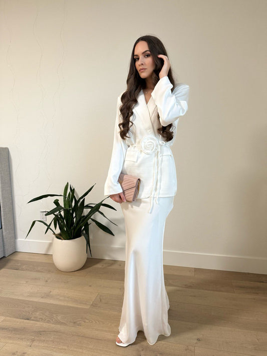Elegant White Satin Set with Skirt and Jacket