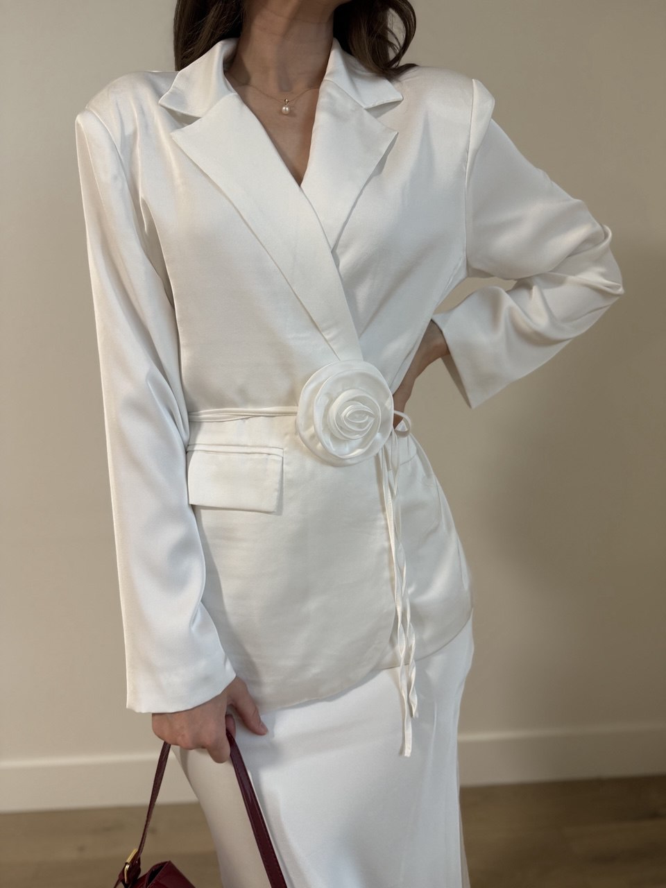 Elegant White Satin Set with Skirt and Jacket
