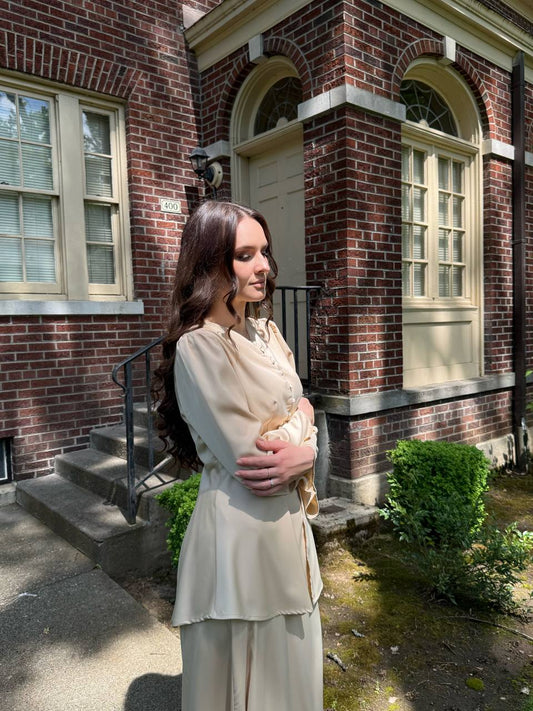 Beige Maxi Skirt Set with Peplum Blouse