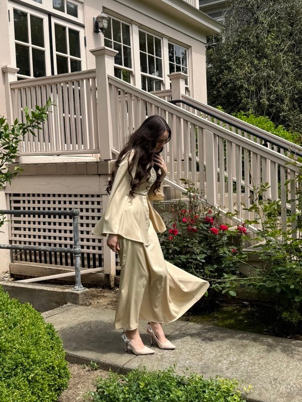 Beige Maxi Skirt Set with Peplum Blouse
