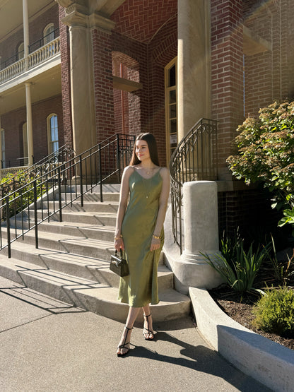 Olive Bloom Satin Dress