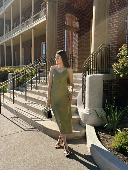 Olive Bloom Satin Dress