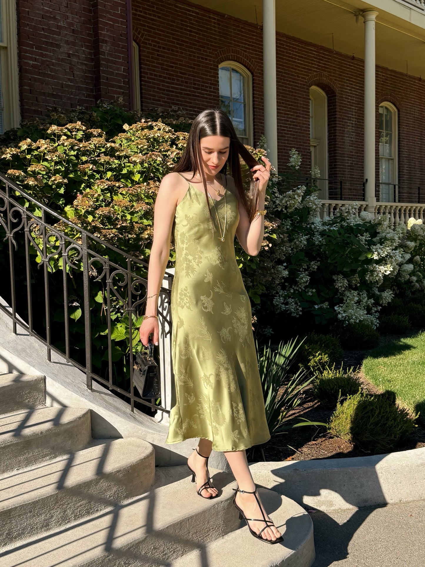 Olive Bloom Satin Dress