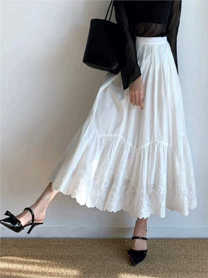 White Midi Skirt with Pleats and Embroidery