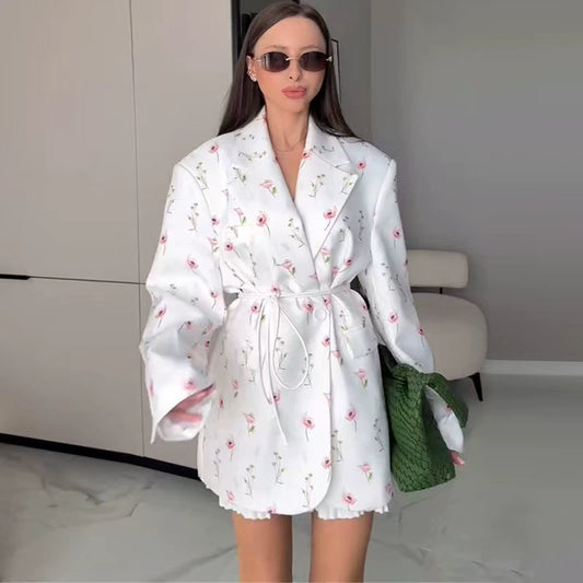 European and American style new fashion loose printed lace up suit