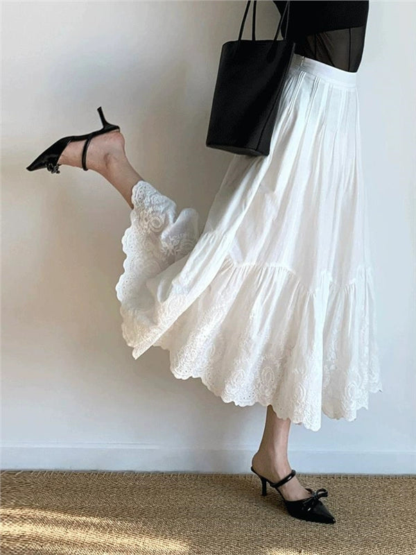 French Rixo Rane is full of beauty ⭐, French embroidered cotton lace white skirt, light and familiar style A-line skirt