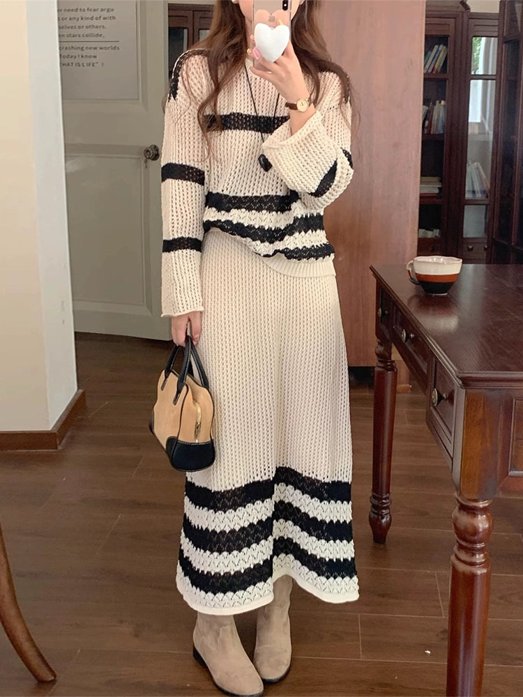 nitted Set with Long Skirt – Beige with Black Stripes