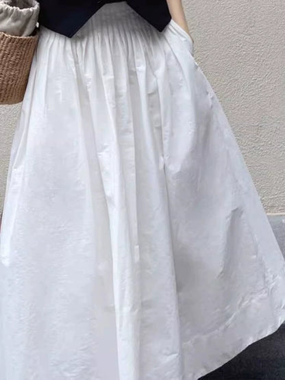 2025 New Summer White Elastic Waist Loose Slim Midi Skirt Women's Korean High-waisted A-line Skirt
