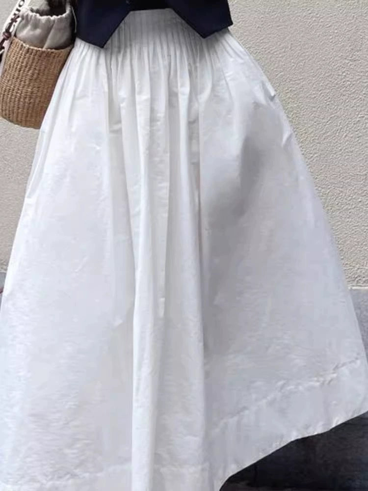 2025 New Summer White Elastic Waist Loose Slim Midi Skirt Women's Korean High-waisted A-line Skirt