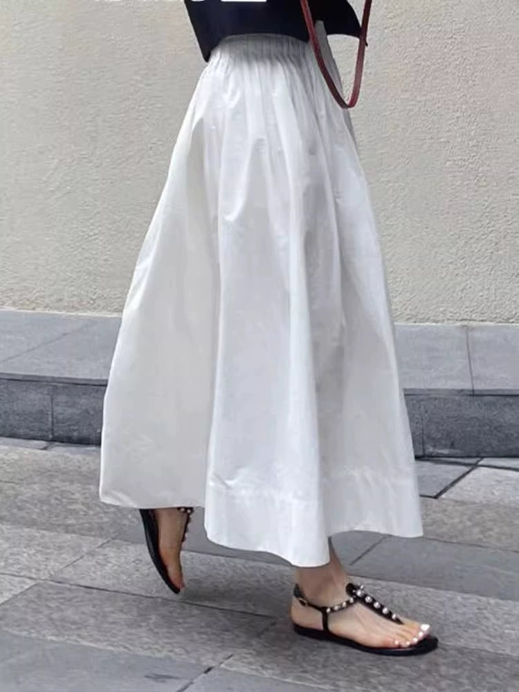 2025 New Summer White Elastic Waist Loose Slim Midi Skirt Women's Korean High-waisted A-line Skirt