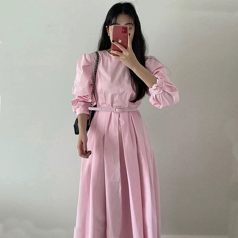 korean chic early spring sweet round neck pink white pressed pleated waist midi balloon sleeve swing dress women