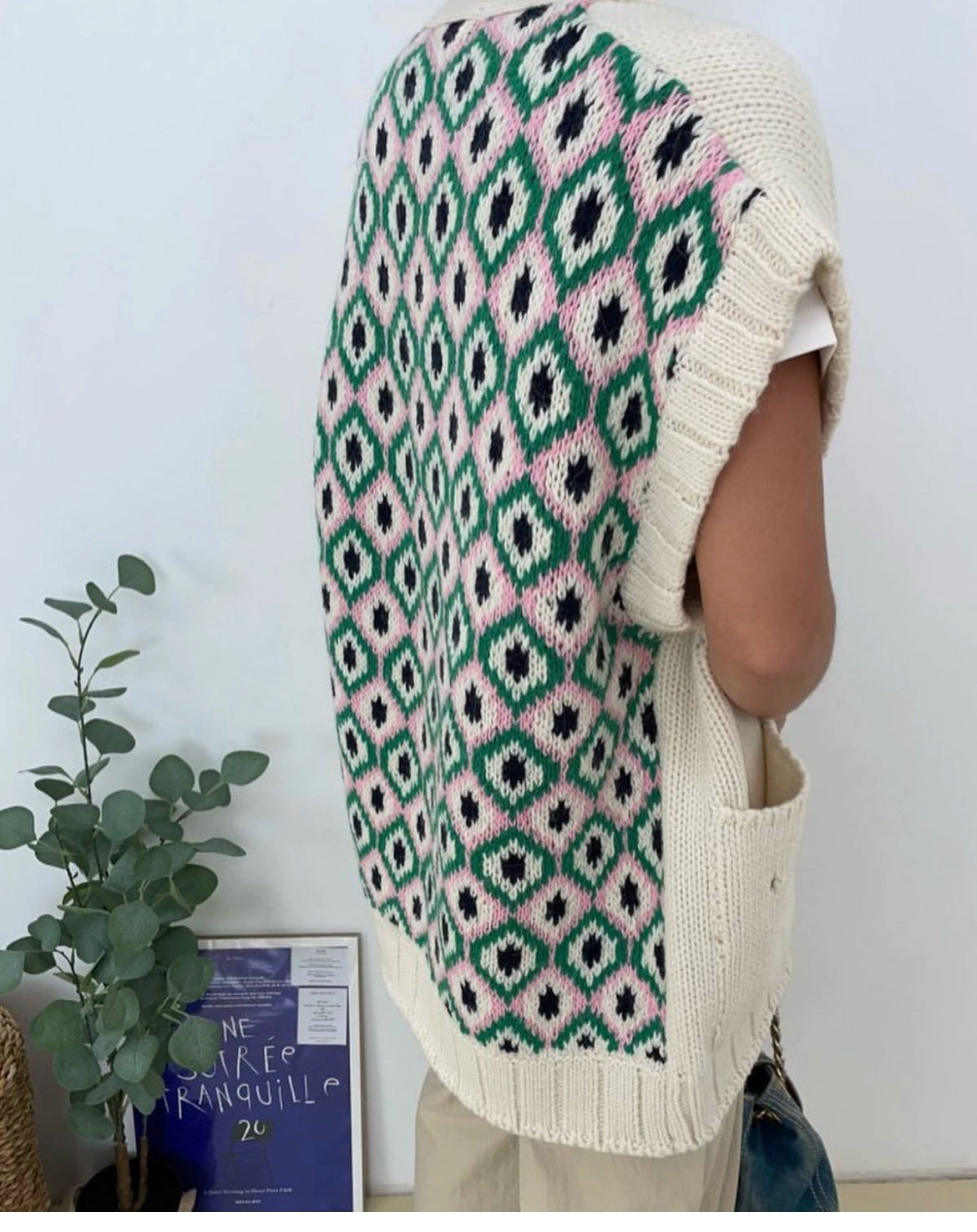 korean chic autumn retro ethnic style v neck buckle back print design contrast versatile knitted vest women
