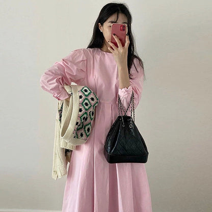 korean chic early spring sweet round neck pink white pressed pleated waist midi balloon sleeve swing dress women