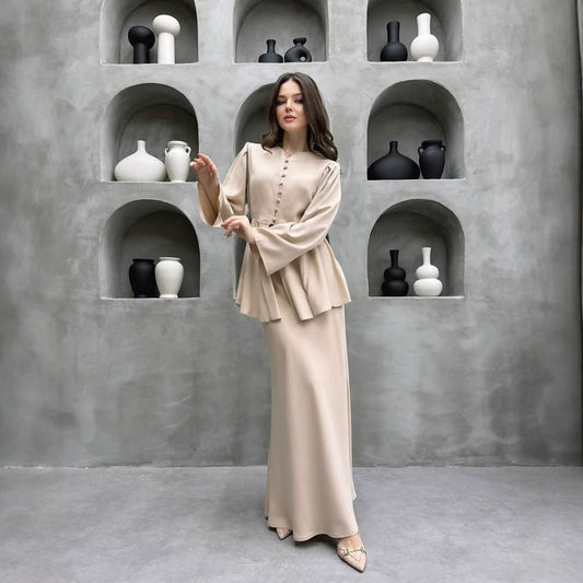 Beige Maxi Skirt Set with Peplum Blouse