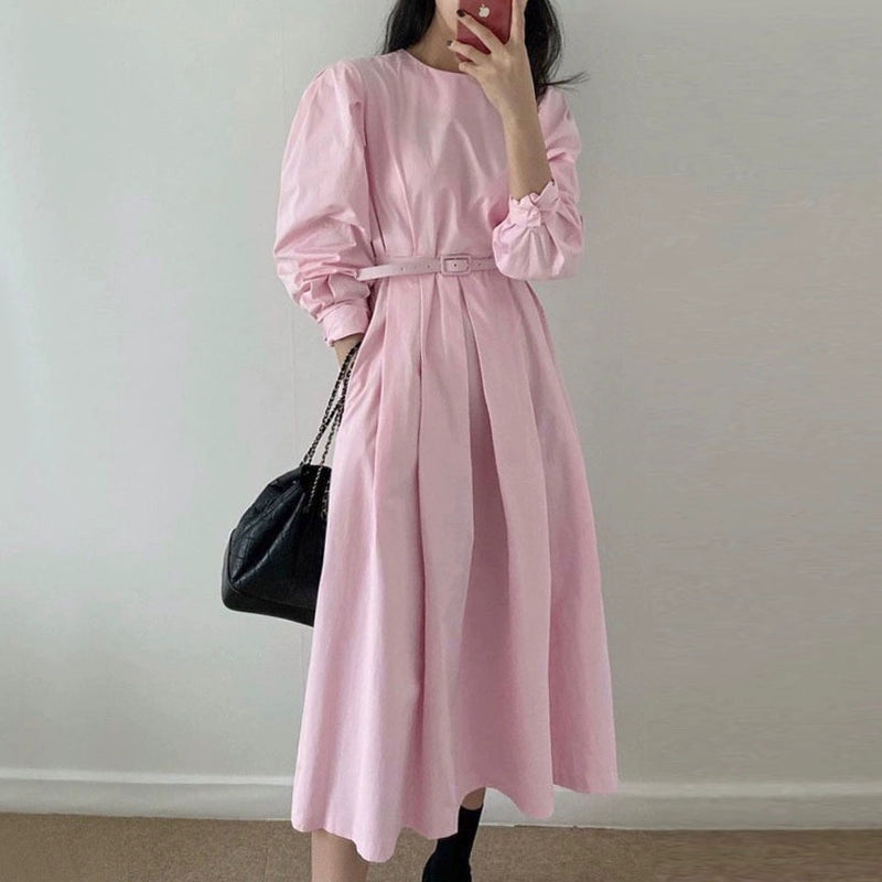 korean chic early spring sweet round neck pink white pressed pleated waist midi balloon sleeve swing dress women