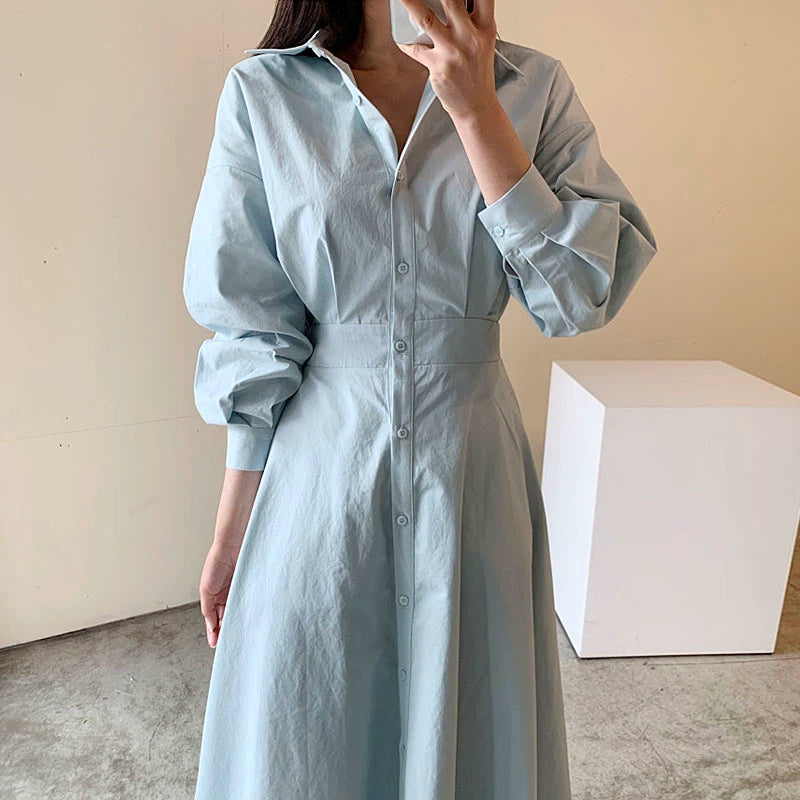 Blue Midi Shirt Dress with Long Sleeves