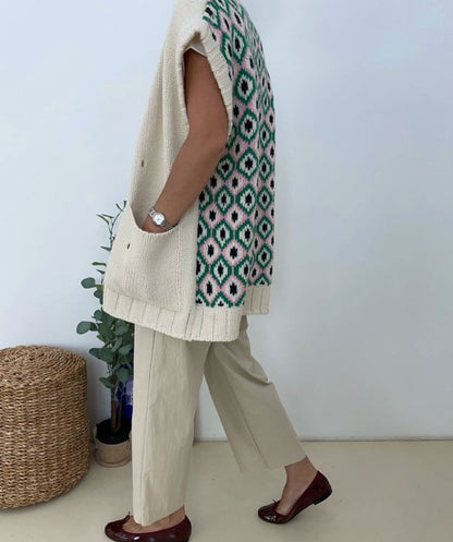 korean chic autumn retro ethnic style v neck buckle back print design contrast versatile knitted vest women