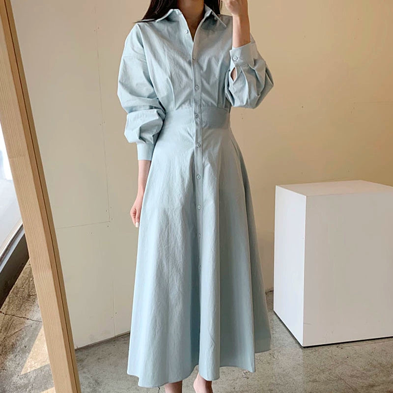 Blue Midi Shirt Dress with Long Sleeves
