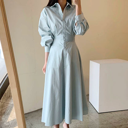 Blue Midi Shirt Dress with Long Sleeves