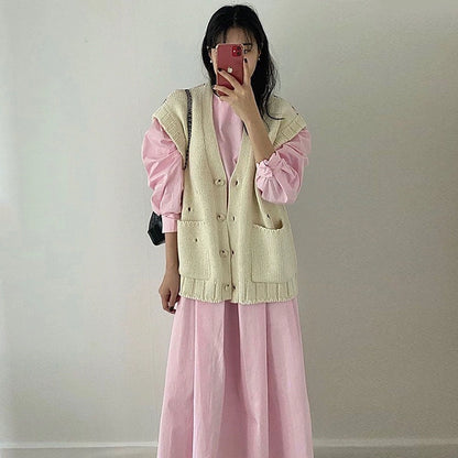 korean chic early spring sweet round neck pink white pressed pleated waist midi balloon sleeve swing dress women