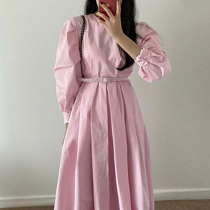 Elegant Pink Midi Dress with Long Sleeves