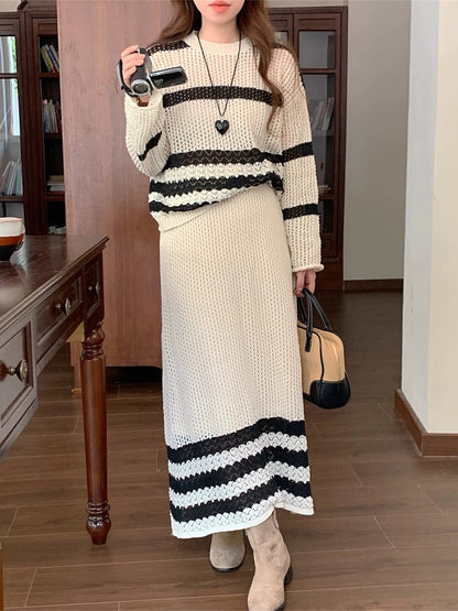 nitted Set with Long Skirt – Beige with Black Stripes