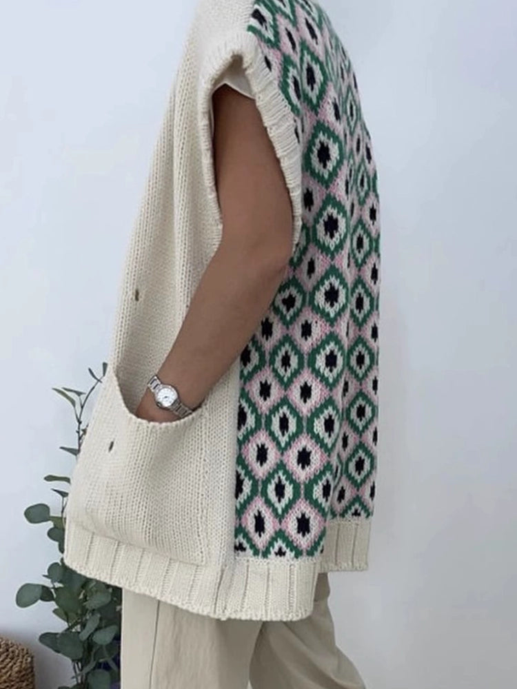korean chic autumn retro ethnic style v neck buckle back print design contrast versatile knitted vest women