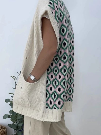 korean chic autumn retro ethnic style v neck buckle back print design contrast versatile knitted vest women