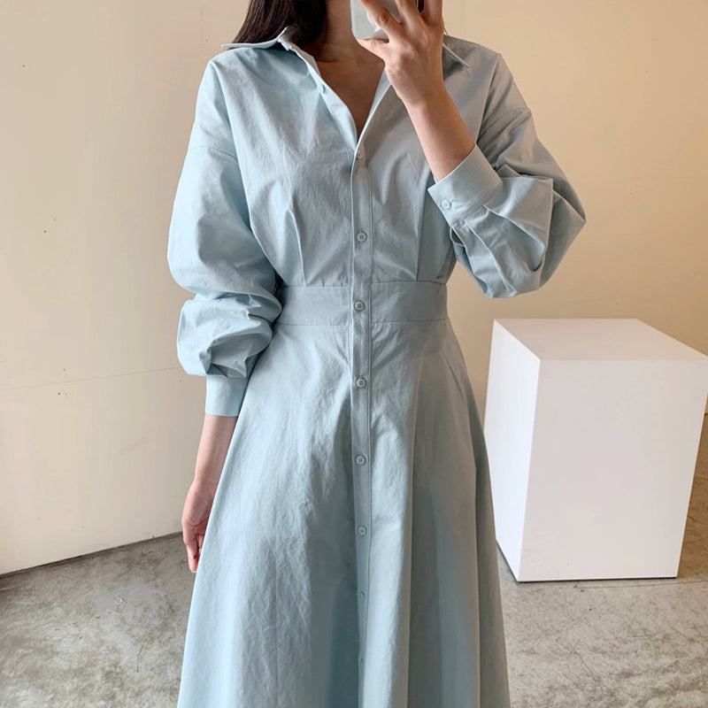 Blue Midi Shirt Dress with Long Sleeves