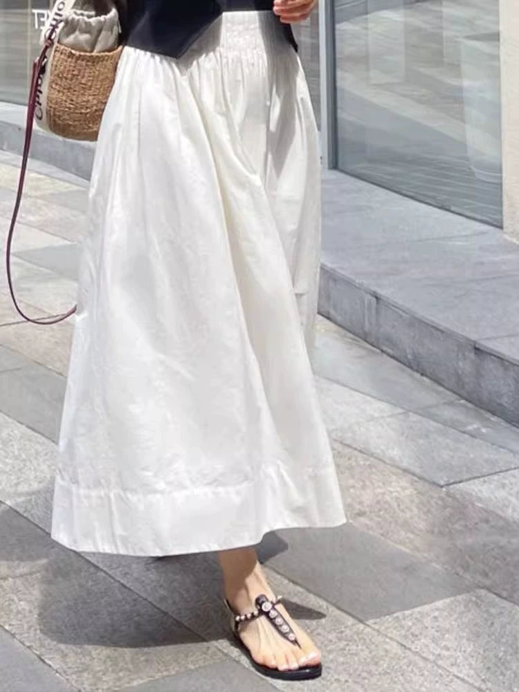 2025 New Summer White Elastic Waist Loose Slim Midi Skirt Women's Korean High-waisted A-line Skirt