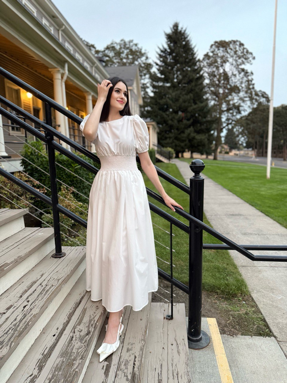 Cotton Puff Sleeve Midi Dress