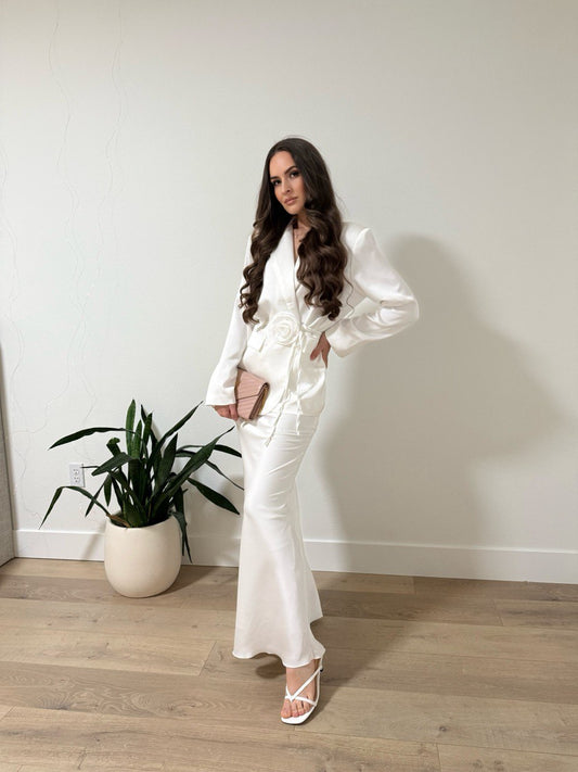 Elegant White Satin Set with Skirt and Jacket