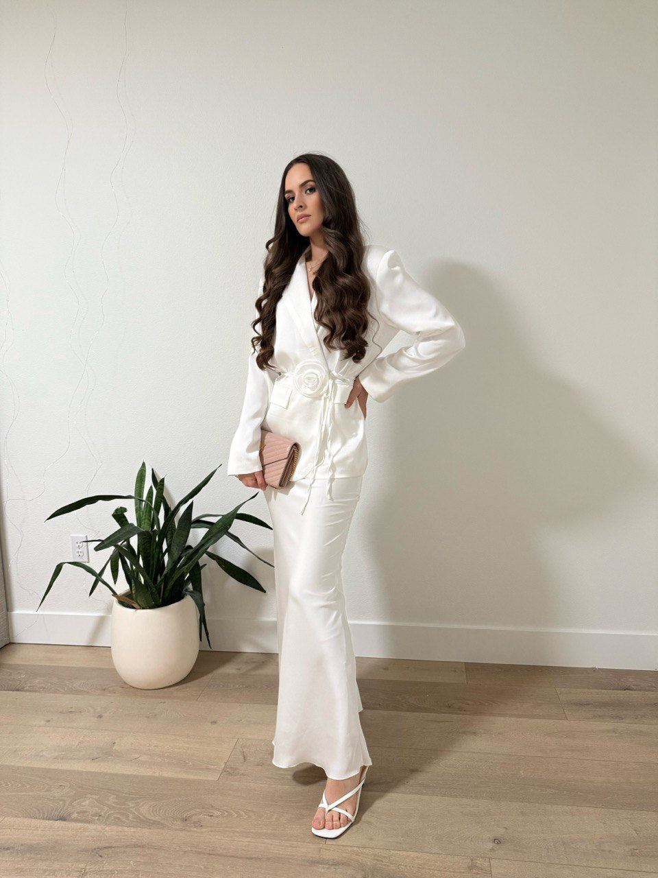 Elegant White Satin Set with Skirt and Jacket
