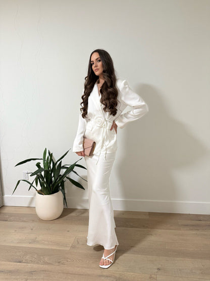 Elegant White Satin Set with Skirt and Jacket