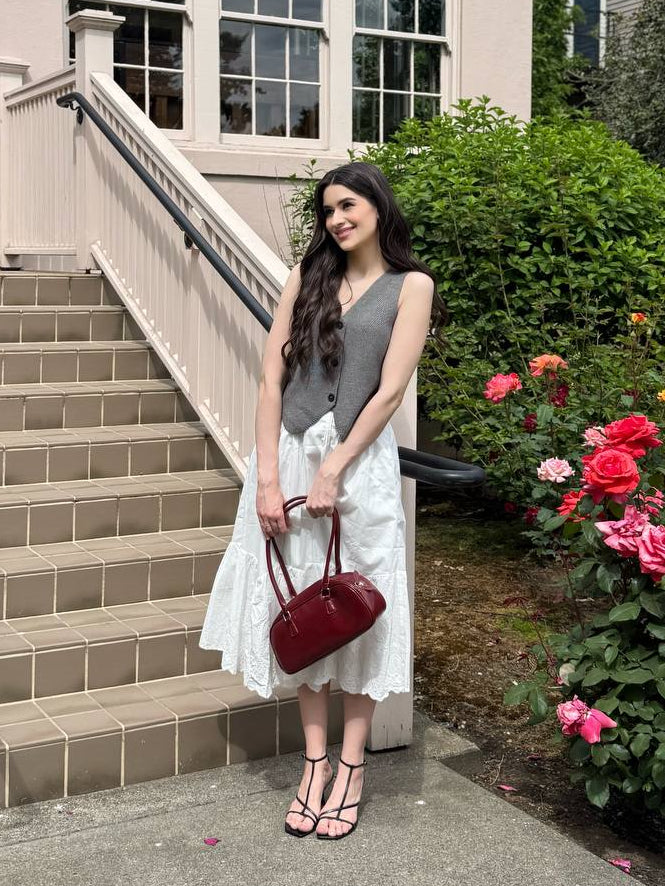 White Midi Skirt with Pleats and Embroidery
