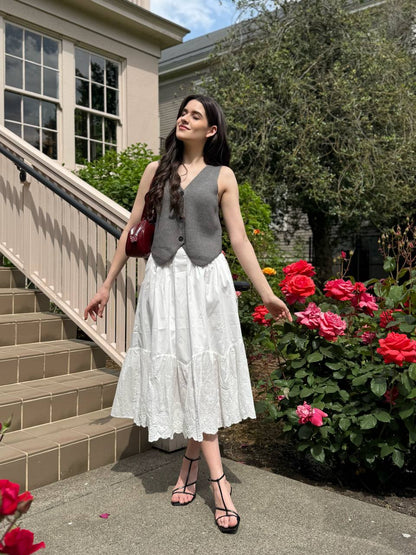 White Midi Skirt with Pleats and Embroidery
