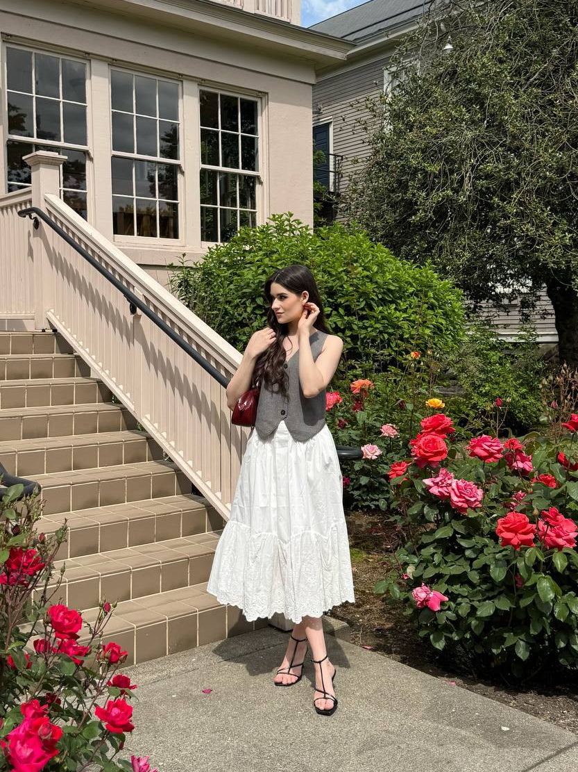 White Midi Skirt with Pleats and Embroidery