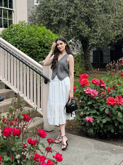 White Midi Skirt with Pleats and Embroidery