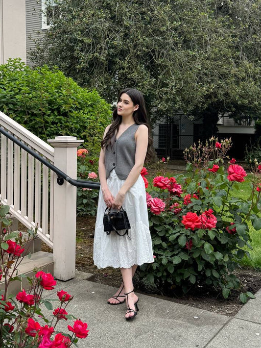 White Midi Skirt with Pleats and Embroidery