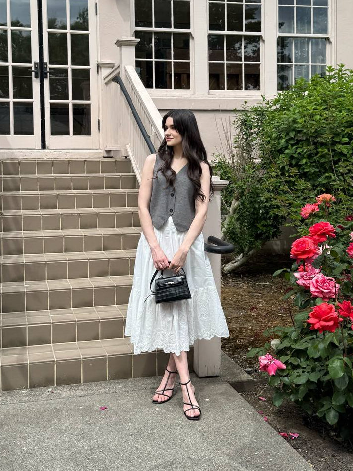 White Midi Skirt with Pleats and Embroidery