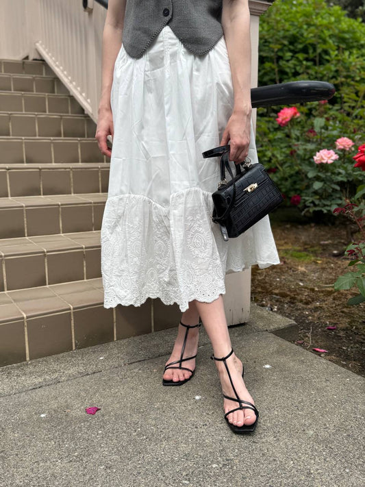 White Midi Skirt with Pleats and Embroidery