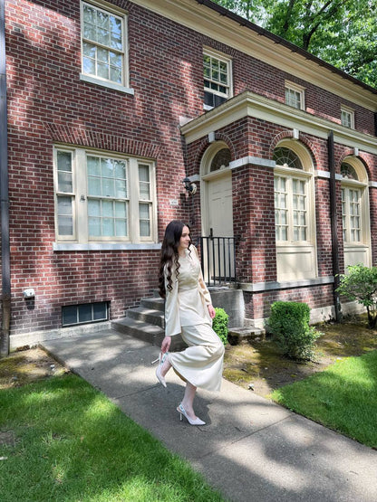 Beige Maxi Skirt Set with Peplum Blouse