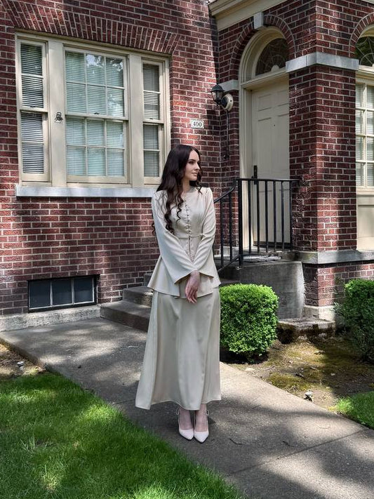 Beige Maxi Skirt Set with Peplum Blouse