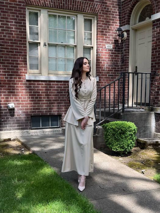 Beige Maxi Skirt Set with Peplum Blouse