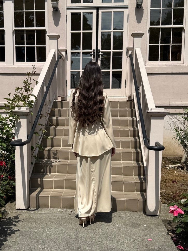 Beige Maxi Skirt Set with Peplum Blouse