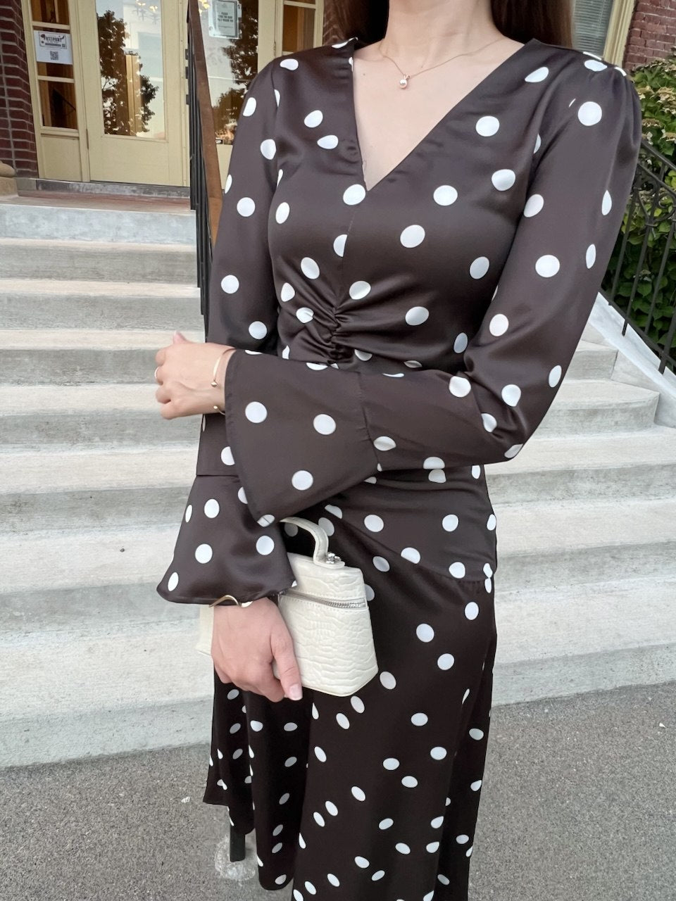 Polka Dot Midi Dress with Ruched Waist