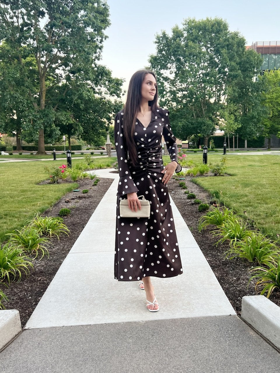 Polka Dot Midi Dress with Ruched Waist
